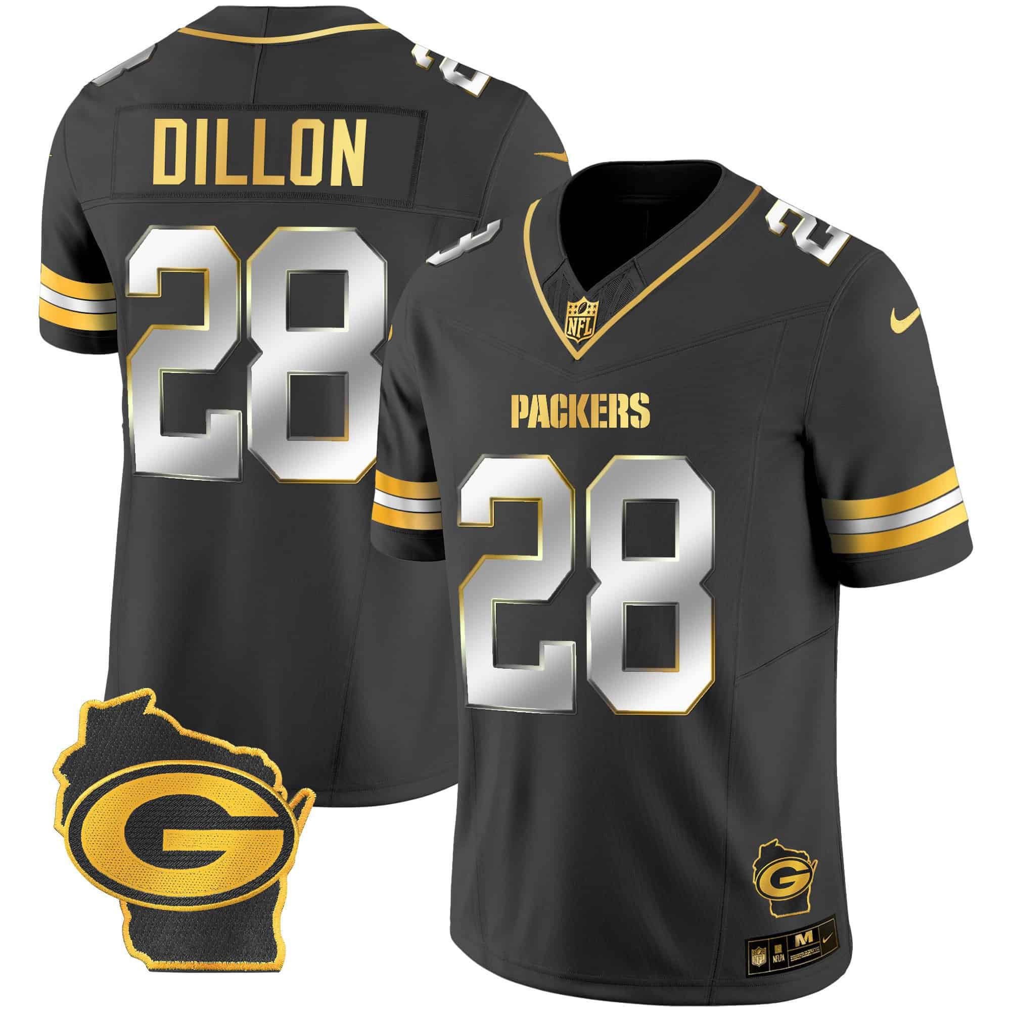 Men Green Bay Packers 28 Dillon Black Gold 2024 Nike Home Patch Vapor NFL Jersey style 1